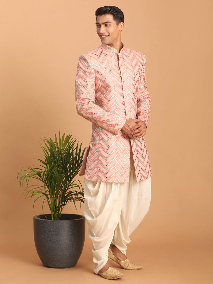 Vastramay Men's Pink Mirror Indo Western Sherwani With Dhoti Set