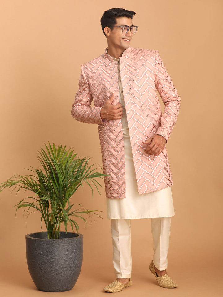 SHRESTHA By VASTRAMAY Men's Pink Mirror Indo Western Sherwani with Kurta Pyjama Set