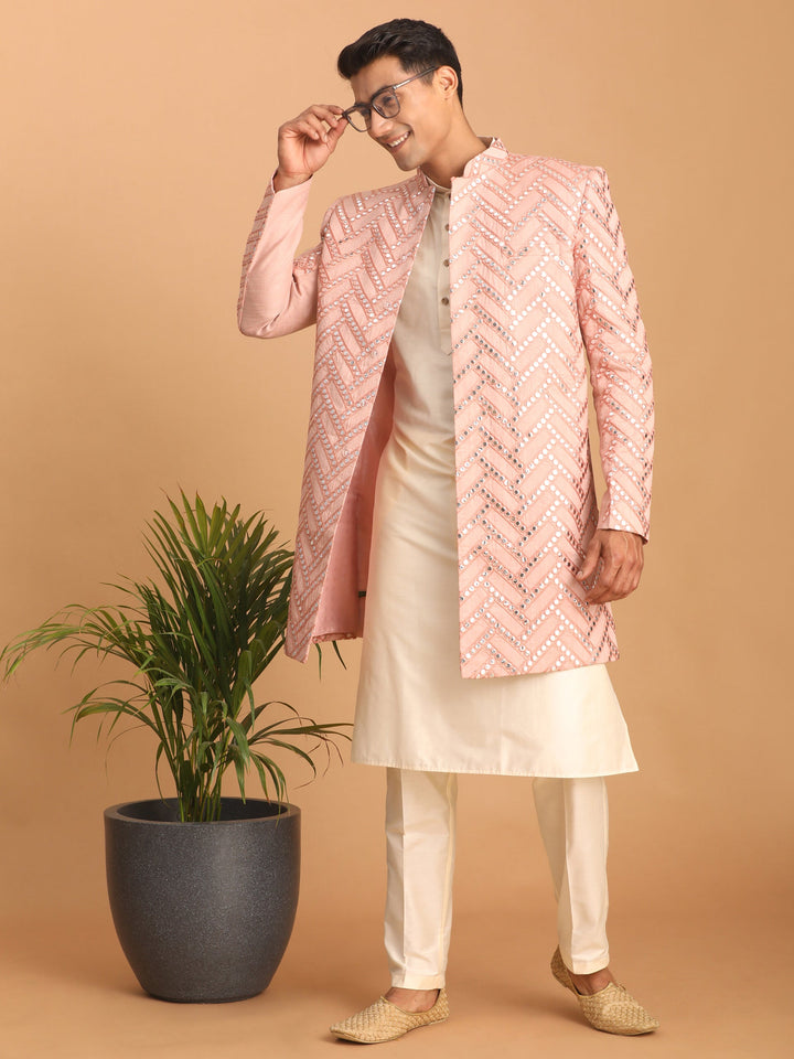 SHRESTHA By VASTRAMAY Men's Pink Mirror Indo Western Sherwani with Kurta Pyjama Set