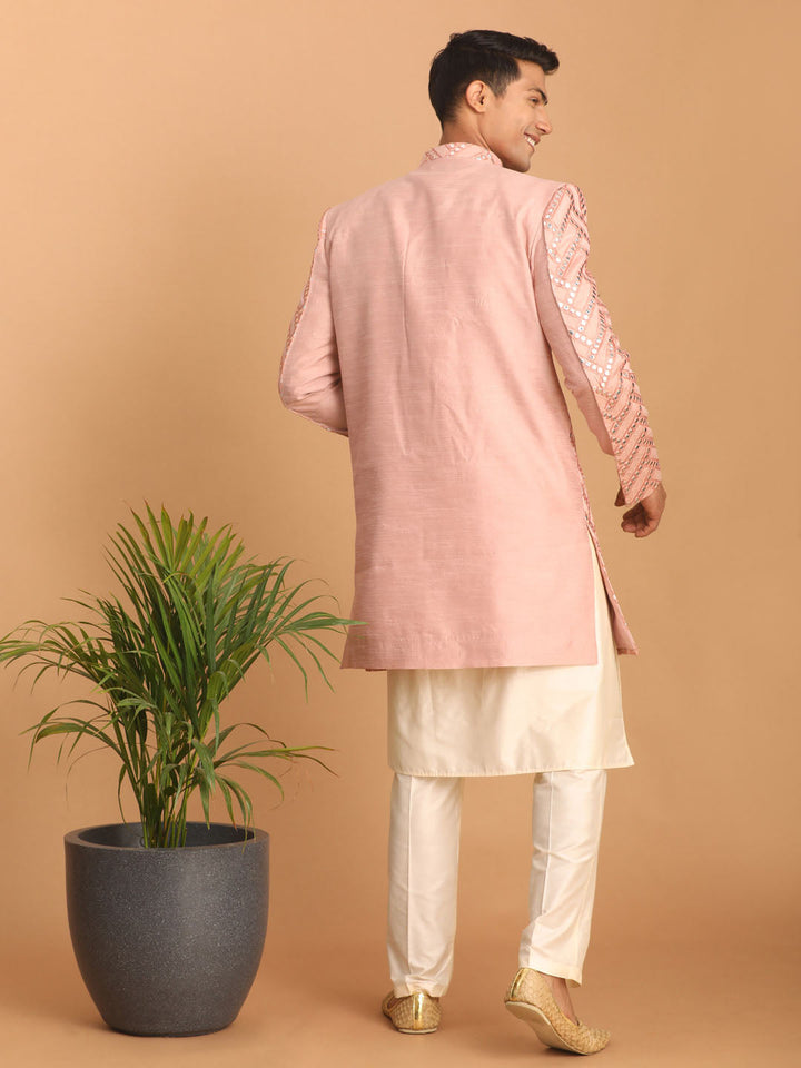 Vastramay Men's Pink Mirror Indo Western Sherwani with Kurta Pyjama Set