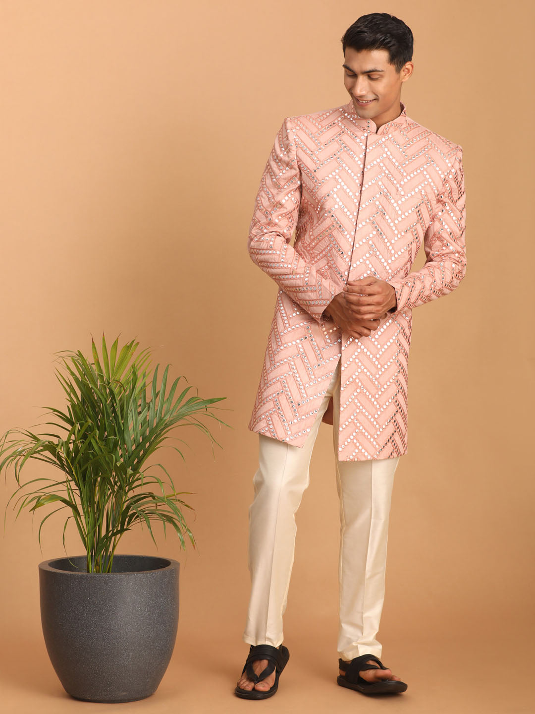 Vastramay Men's Pink Mirror Indo Western Sherwani With Pant Set