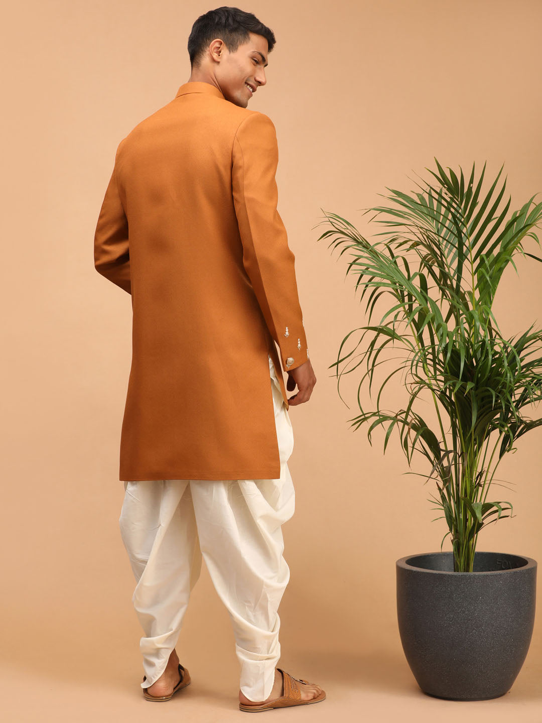 SHRESTHA By VASTRAMAY Men's Mustard Pearl Embroidered Indo With Dhoti Set