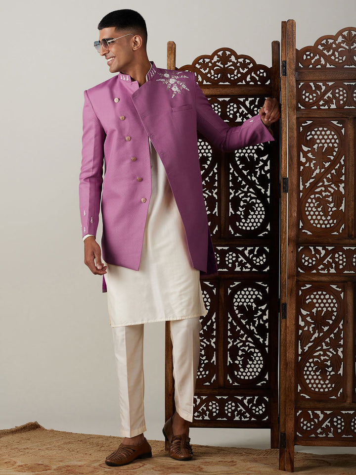 SHRESTHA By VASTRAMAY Men's Purple Pearl Embroidered Indo With Kurta Pant Set