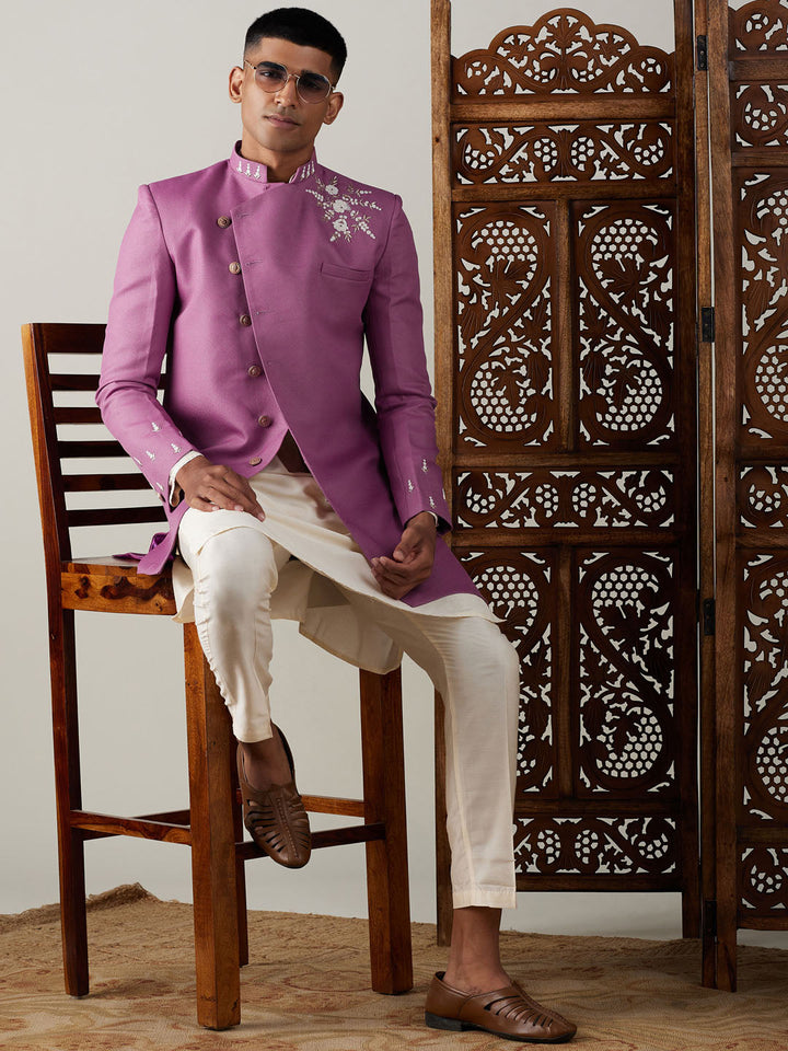 SHRESTHA By VASTRAMAY Men's Purple Pearl Embroidered Indo With Kurta Pant Set