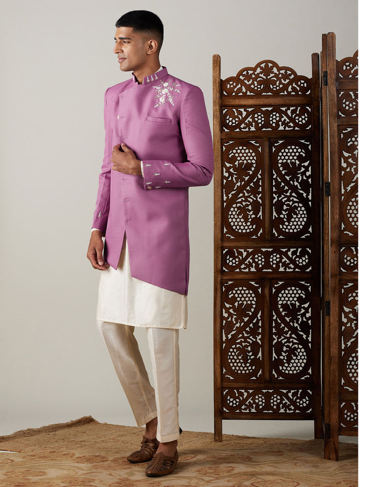 SHRESTHA By VASTRAMAY Men's Purple Pearl Embroidered Indo With Kurta Pant Set