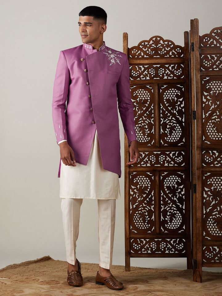 SHRESTHA By VASTRAMAY Men's Purple Pearl Embroidered Indo With Kurta Pant Set