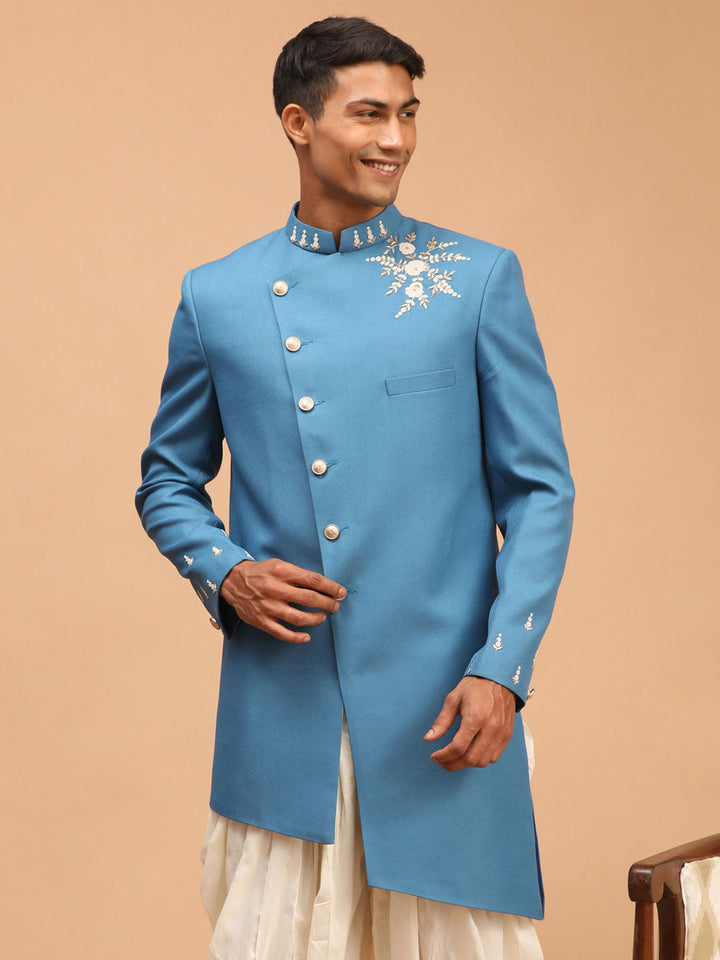 Vastramay Men's Turquoise Blue Pearl Embroidered Indo Only Top