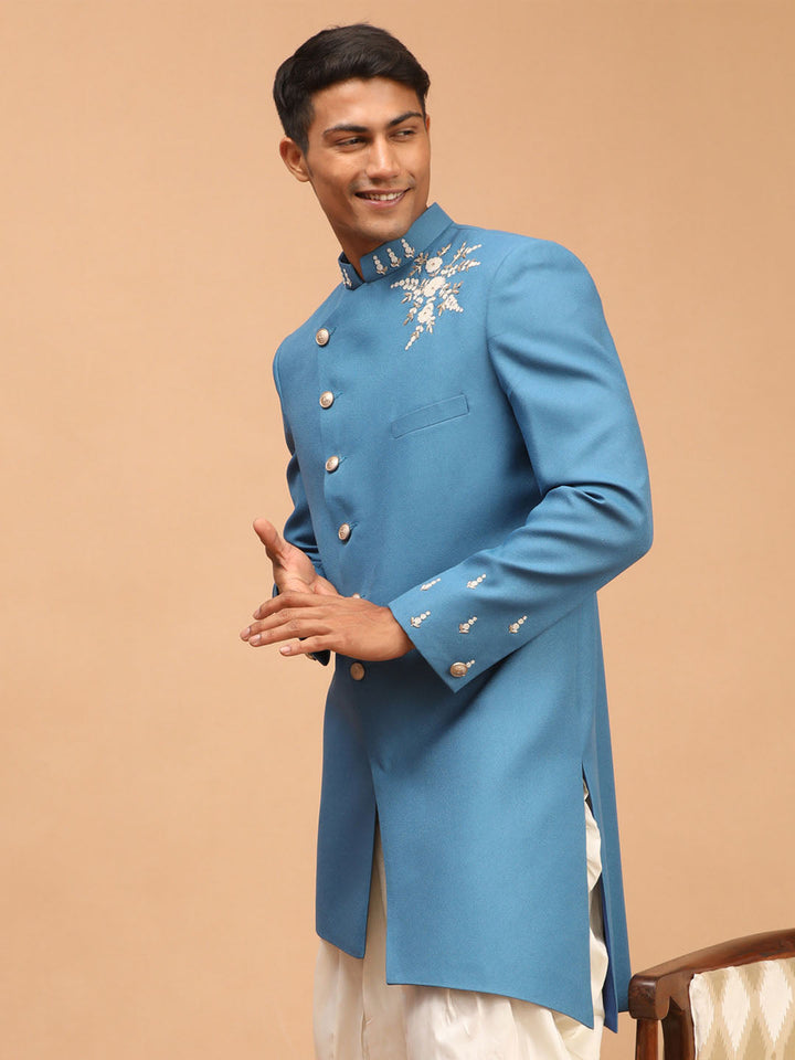 Vastramay Men's Turquoise Blue Pearl Embroidered Indo Only Top