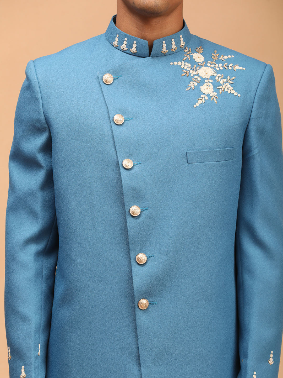 Vastramay Men's Turquoise Blue Pearl Embroidered Indo Only Top