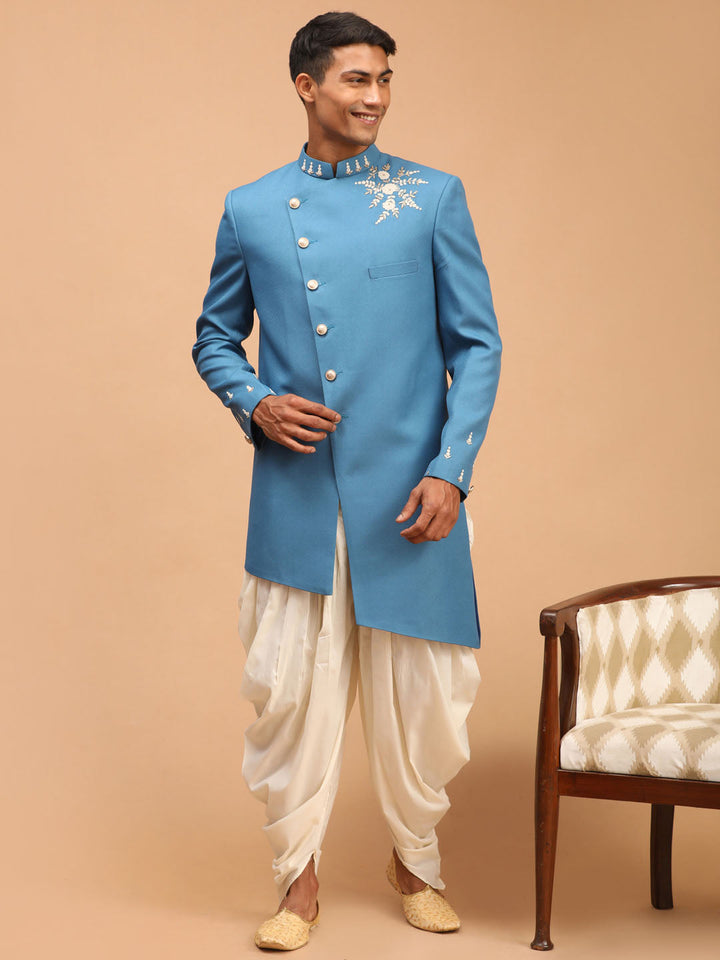 Vastramay Men's Turquoise Blue Pearl Embroidered Indo With Dhoti Set