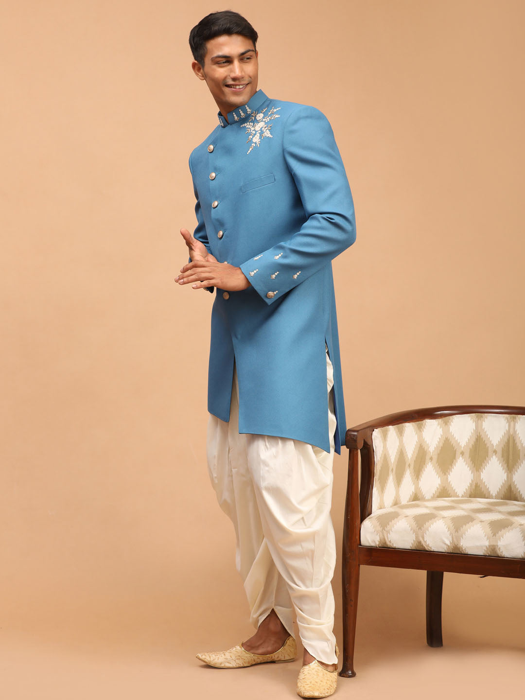 Vastramay Men's Turquoise Blue Pearl Embroidered Indo With Dhoti Set