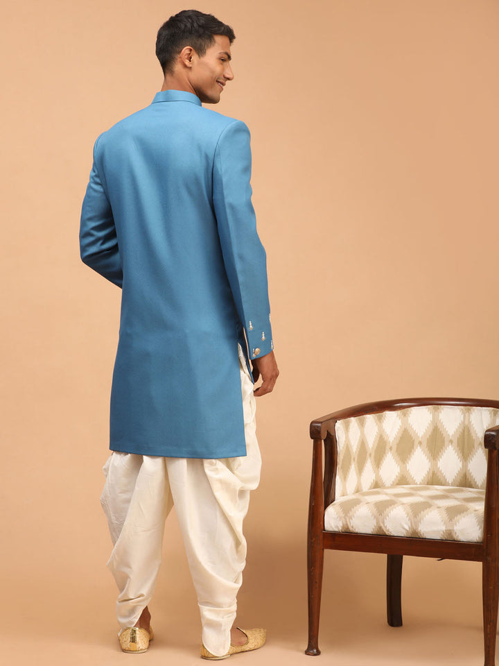 Vastramay Men's Turquoise Blue Pearl Embroidered Indo With Dhoti Set