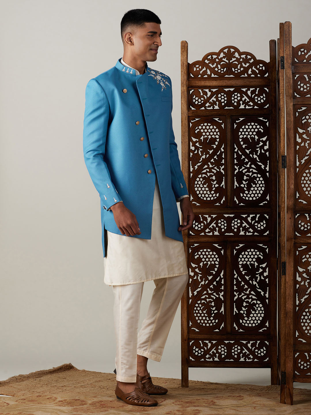 SHRESTHA By VASTRAMAY Men's Turquoise Blue Pearl Embroidered Indo With Kurta Pant Set