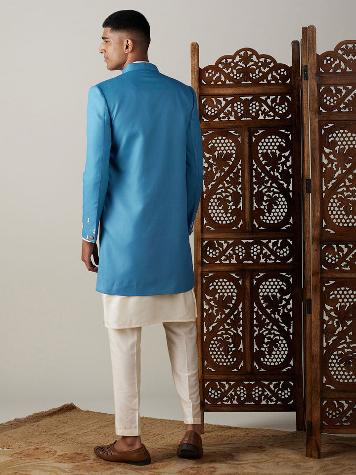 SHRESTHA By VASTRAMAY Men's Turquoise Blue Pearl Embroidered Indo With Kurta Pant Set