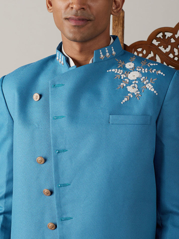 SHRESTHA By VASTRAMAY Men's Turquoise Blue Pearl Embroidered Indo With Kurta Pant Set