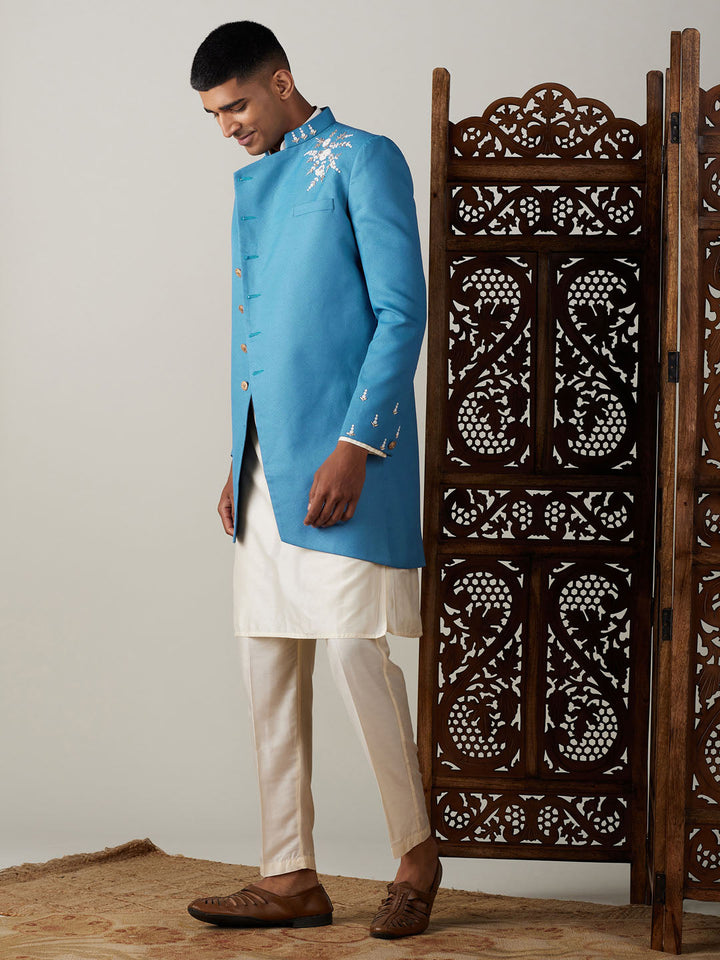 SHRESTHA By VASTRAMAY Men's Turquoise Blue Pearl Embroidered Indo With Kurta Pant Set