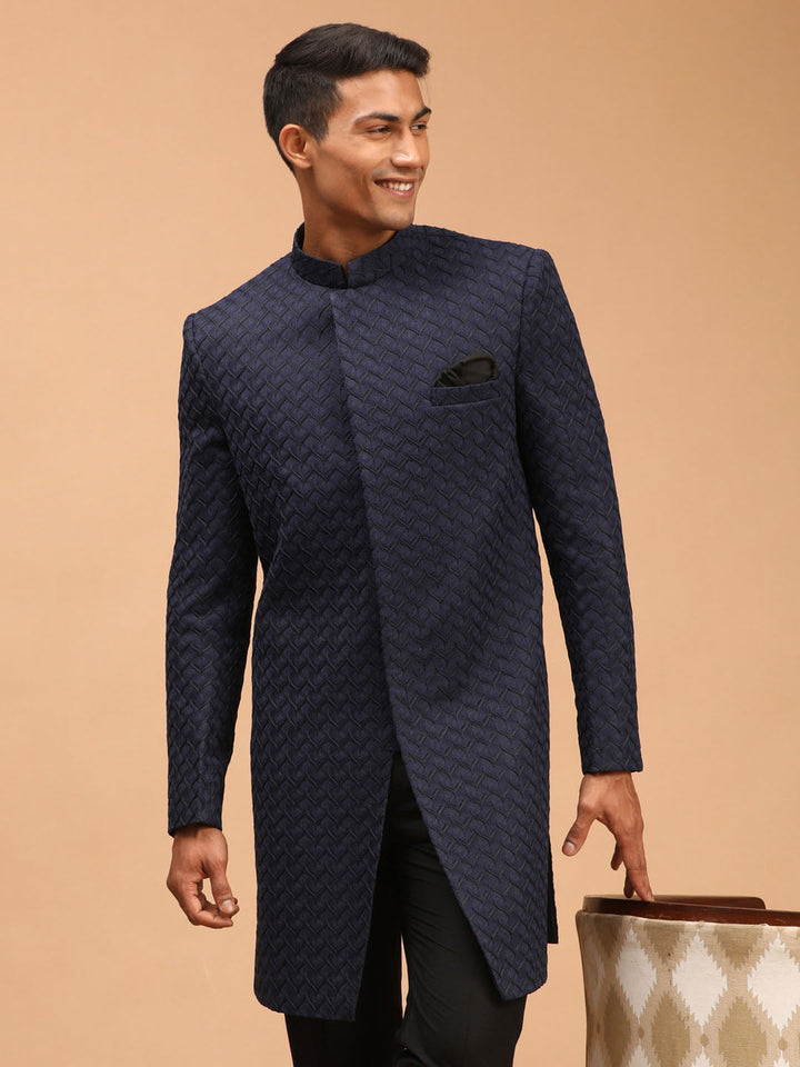 SHRESTHA By VASTRAMAY Men's Navy Blue imported Jacquard Self Design Sherwani Only Top - Traditional Indian ethnic wear for men in a rich navy blue color with intricate self-design work