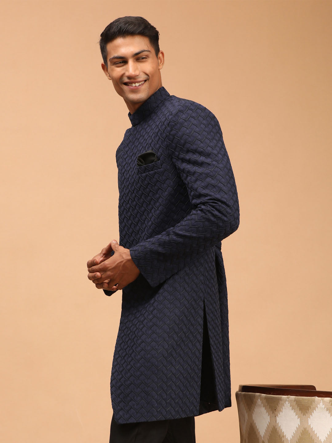 SHRESTHA By VASTRAMAY Men's Navy Blue imported Jacquard Self Design Sherwani Only Top