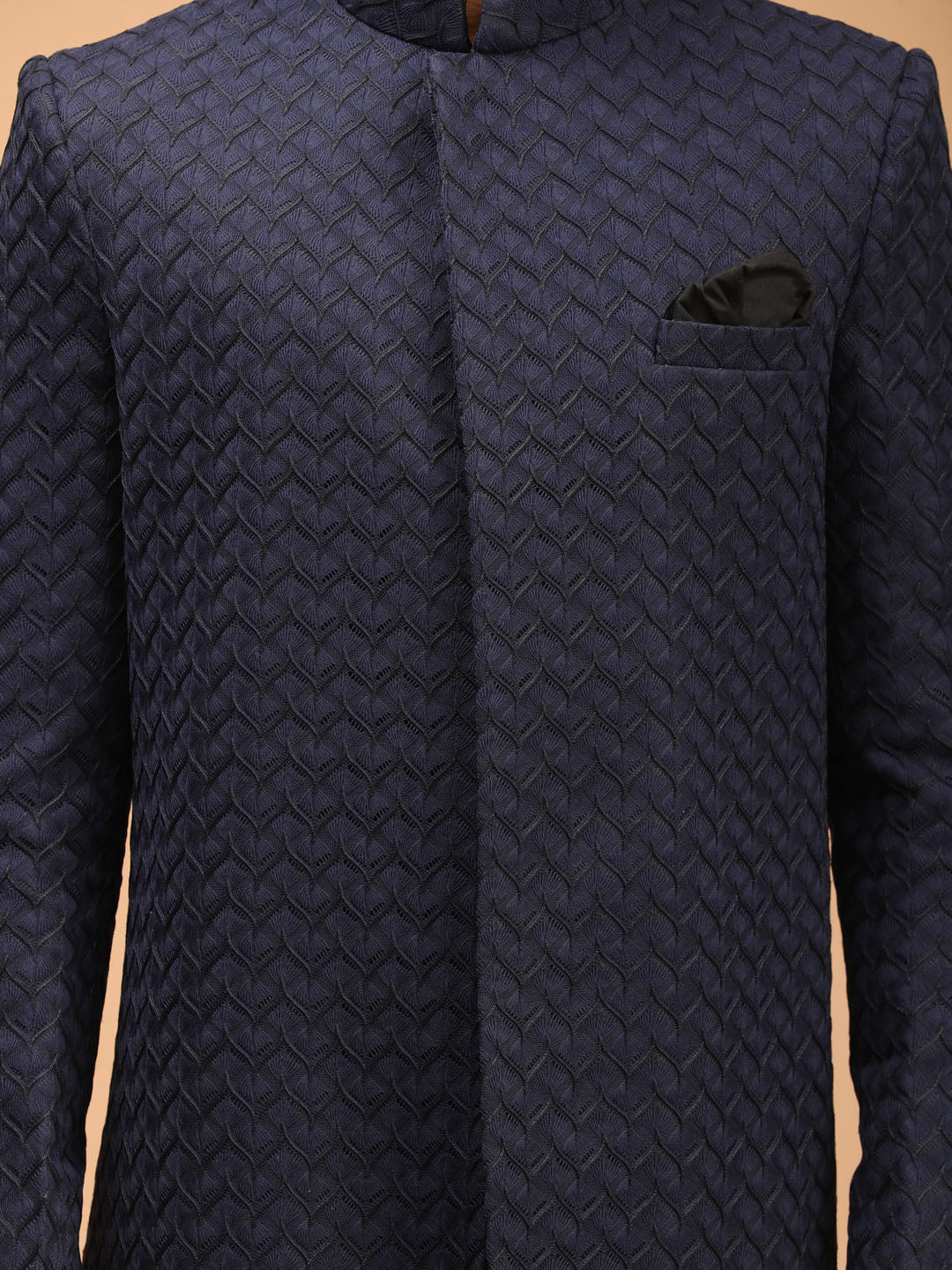 Vastramay Men's Navy Blue imported Jacquard Self Design Sherwani Only Top