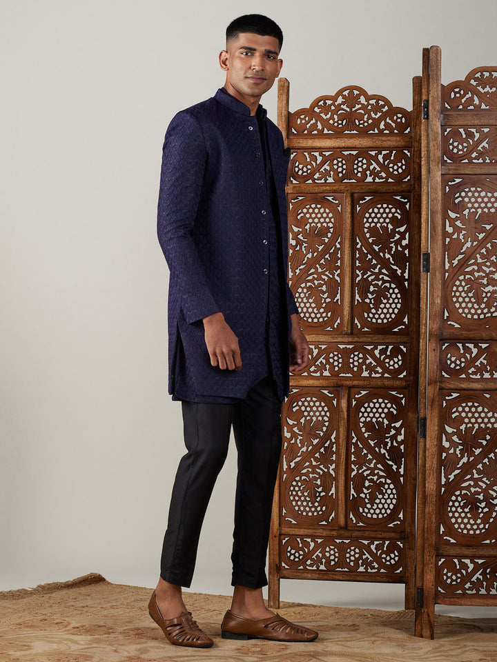 SHRESTHA By VASTRAMAY Men's Navy Blue Jacquard Indo With Kurta Pant Set