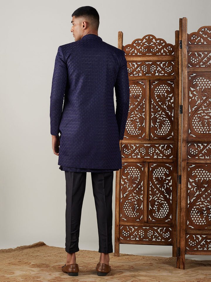 SHRESTHA By VASTRAMAY Men's Navy Blue Jacquard Indo With Kurta Pant Set