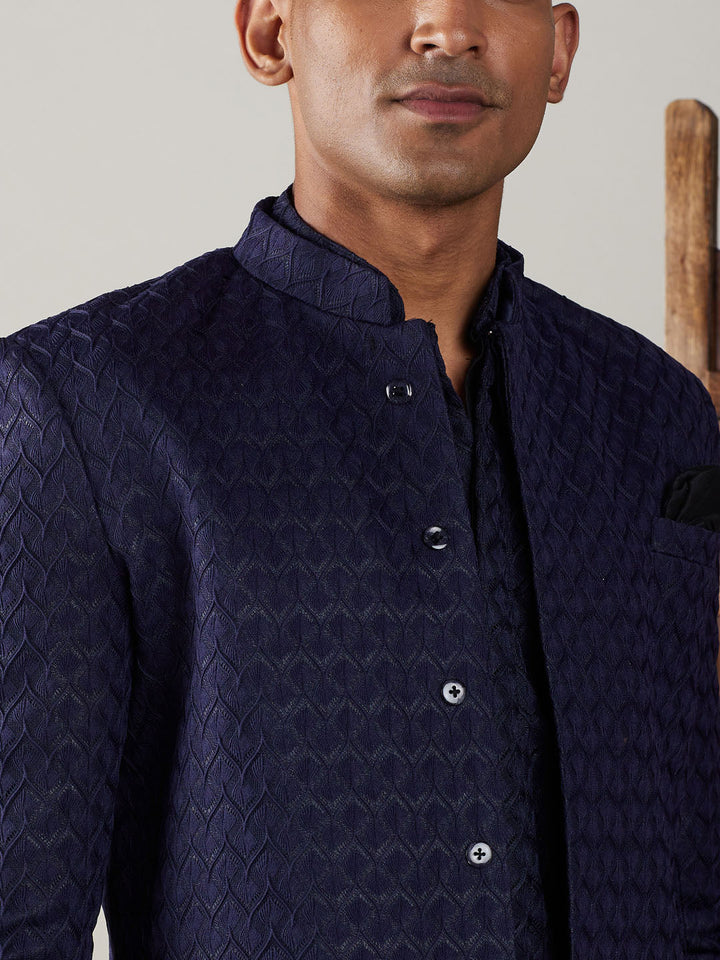 SHRESTHA By VASTRAMAY Men's Navy Blue Jacquard Indo With Kurta Pant Set