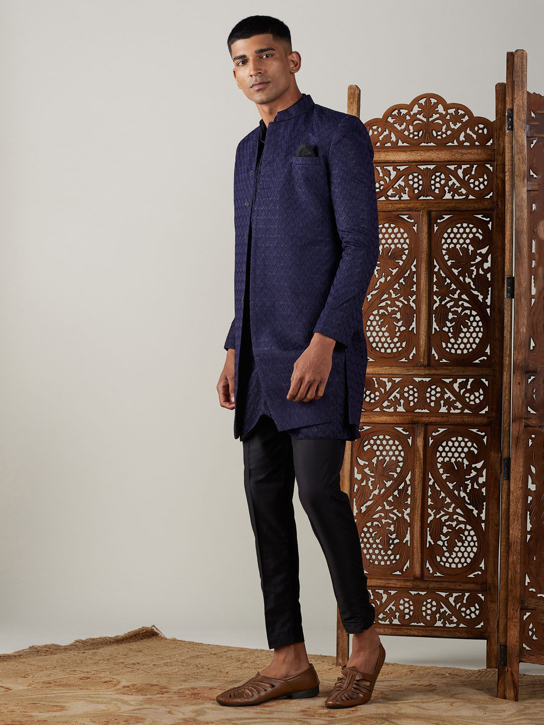 SHRESTHA By VASTRAMAY Men's Navy Blue Jacquard Indo With Kurta Pant Set