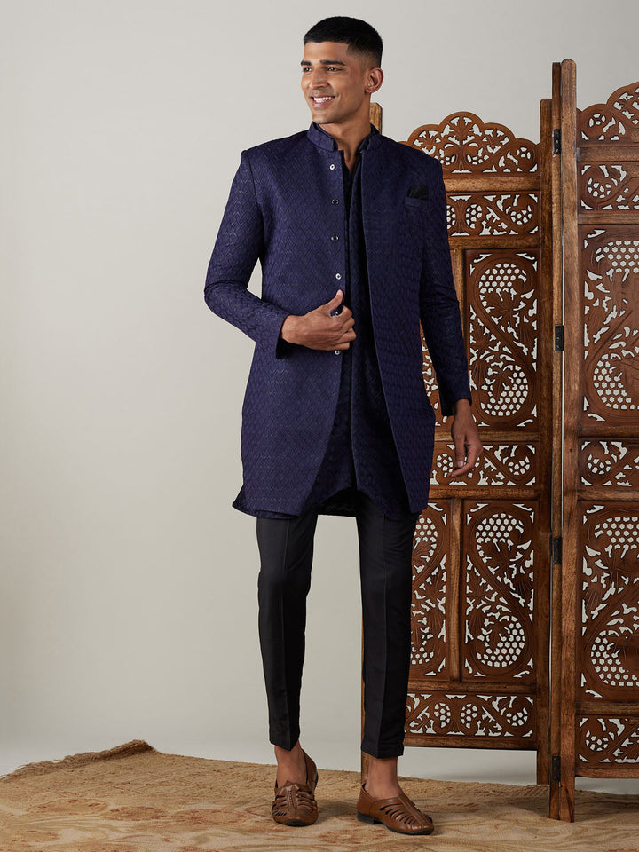 SHRESTHA By VASTRAMAY Men's Navy Blue Jacquard Indo With Kurta Pant Set