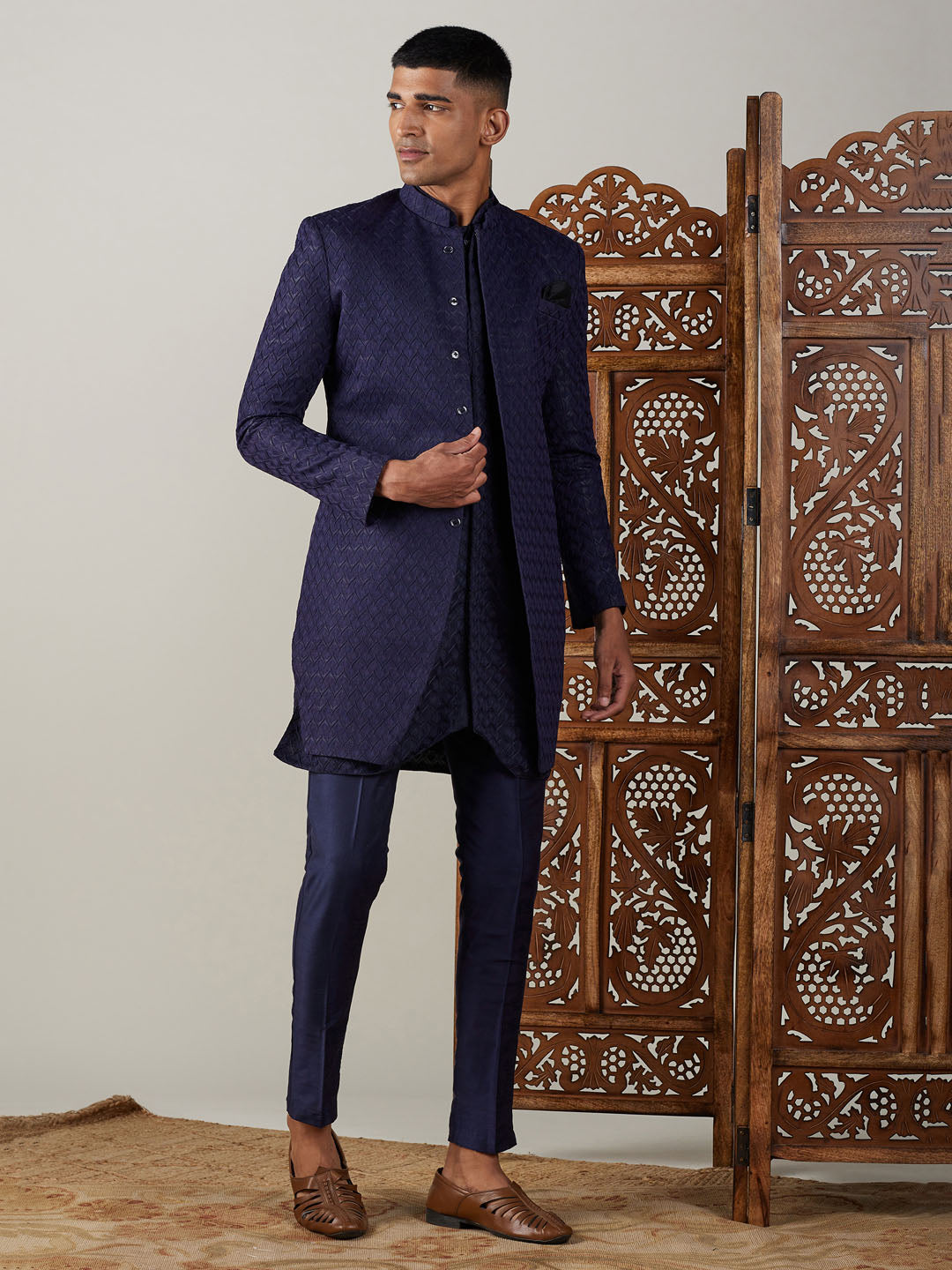 SHRESTHA By VASTRAMAY Men's Navy Blue Jacquard Sherwani With Kurta Pant Set