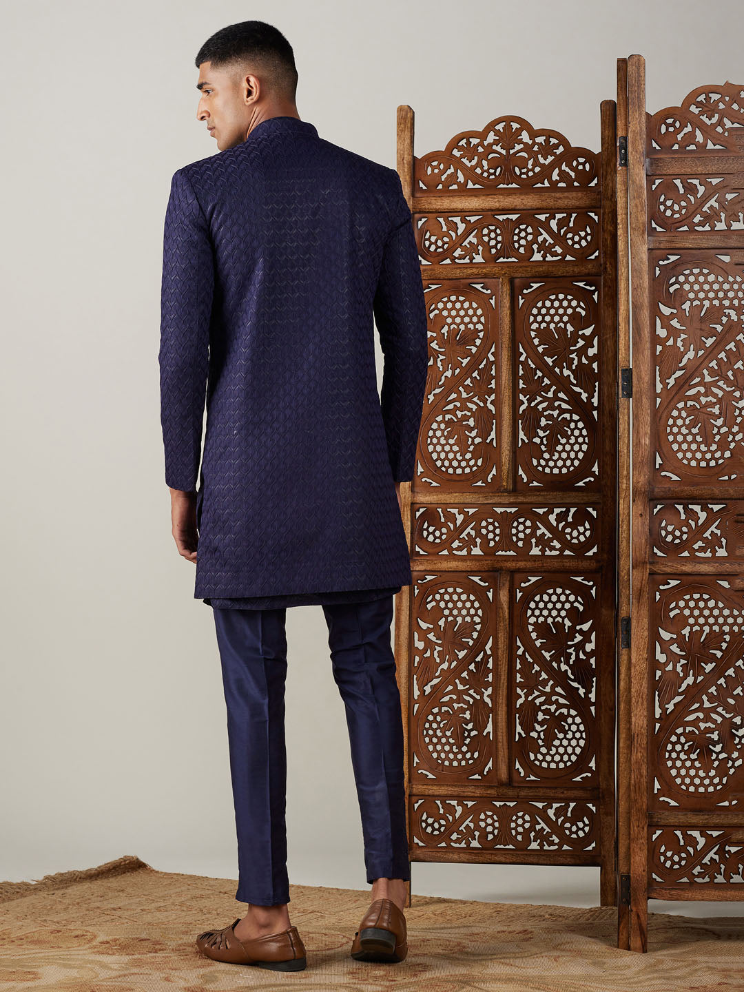 SHRESTHA By VASTRAMAY Men's Navy Blue Jacquard Sherwani With Kurta Pant Set