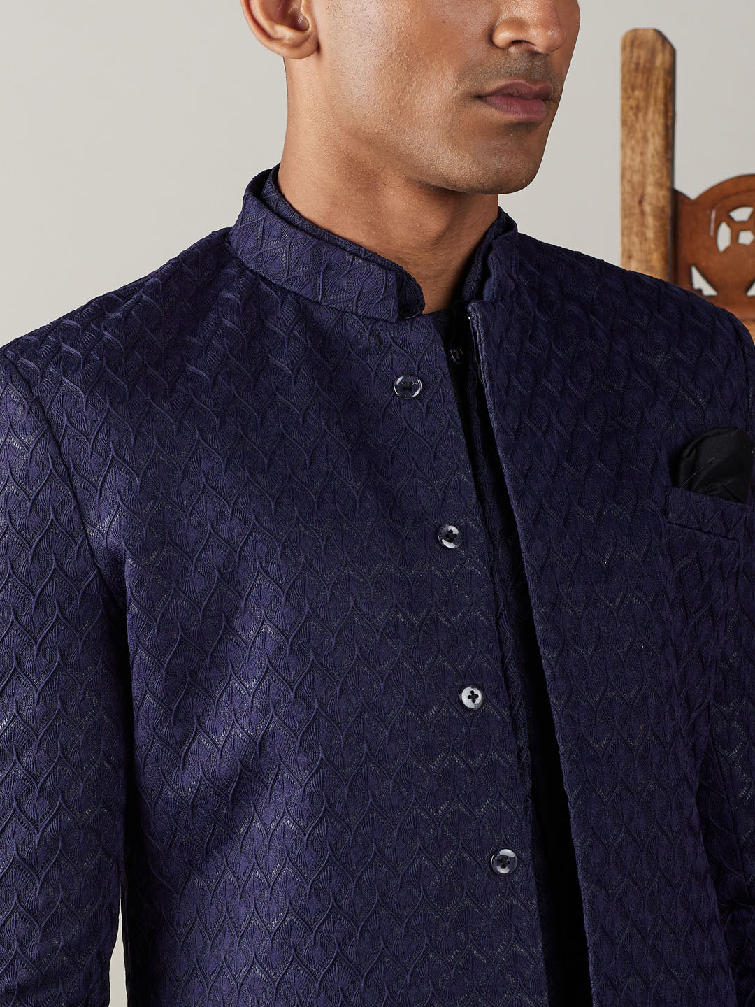 SHRESTHA By VASTRAMAY Men's Navy Blue Jacquard Sherwani With Kurta Pant Set