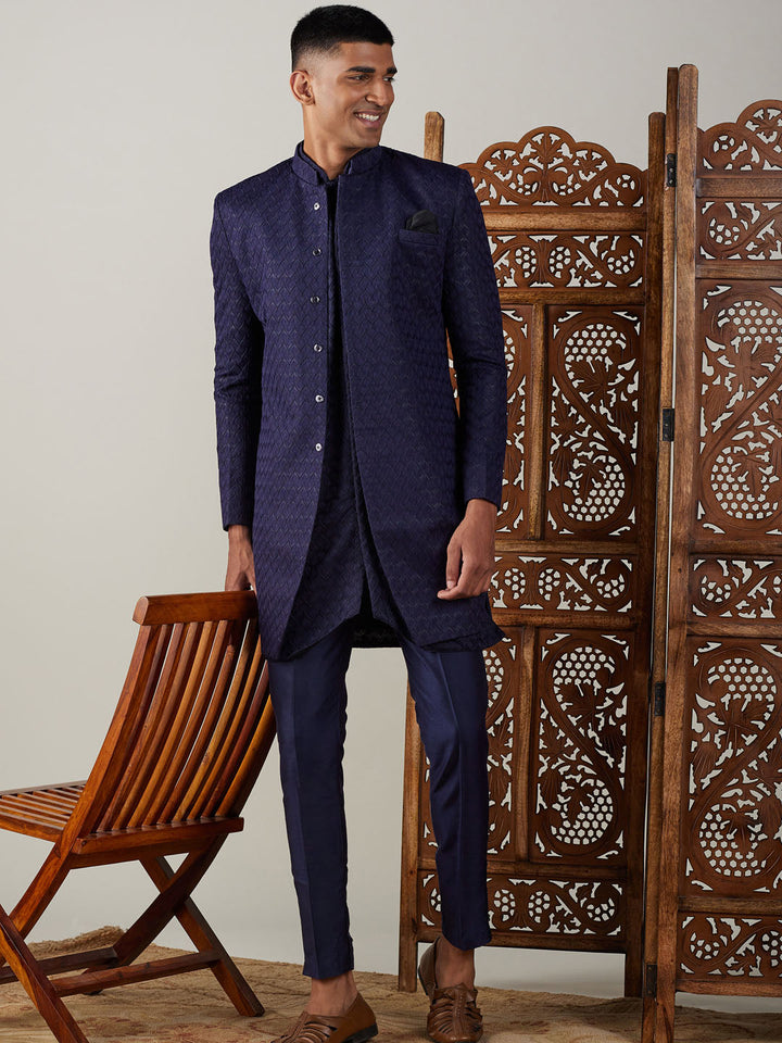 SHRESTHA By VASTRAMAY Men's Navy Blue Jacquard Sherwani With Kurta Pant Set