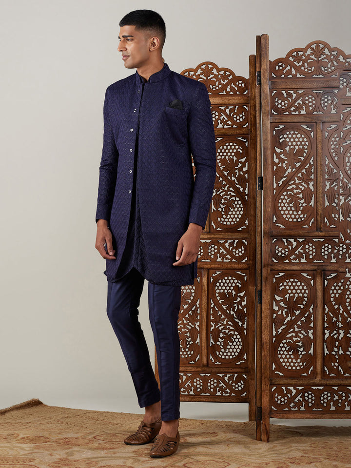 SHRESTHA By VASTRAMAY Men's Navy Blue Jacquard Sherwani With Kurta Pant Set