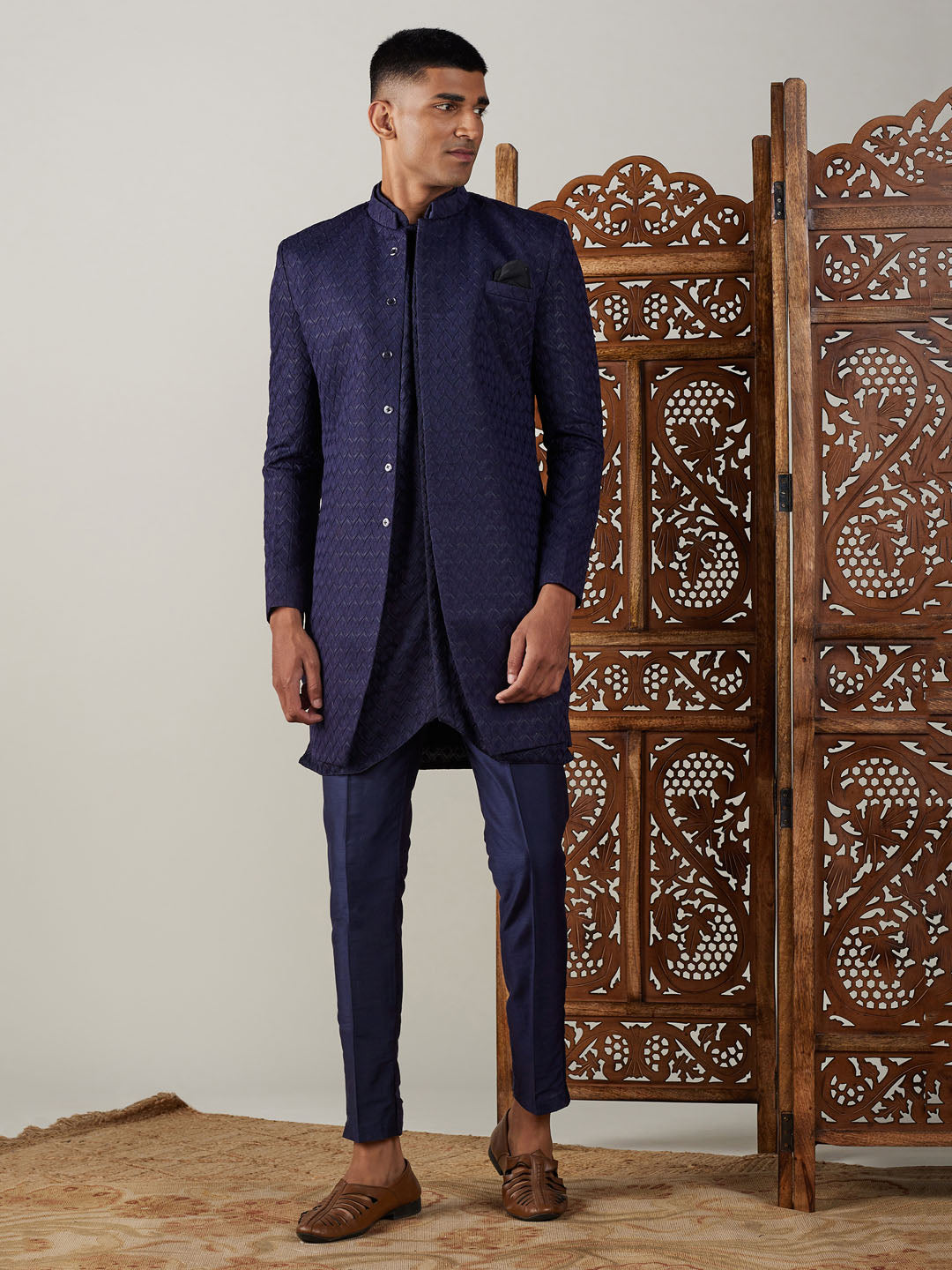 SHRESTHA By VASTRAMAY Men's Navy Blue Jacquard Sherwani With Kurta Pant Set