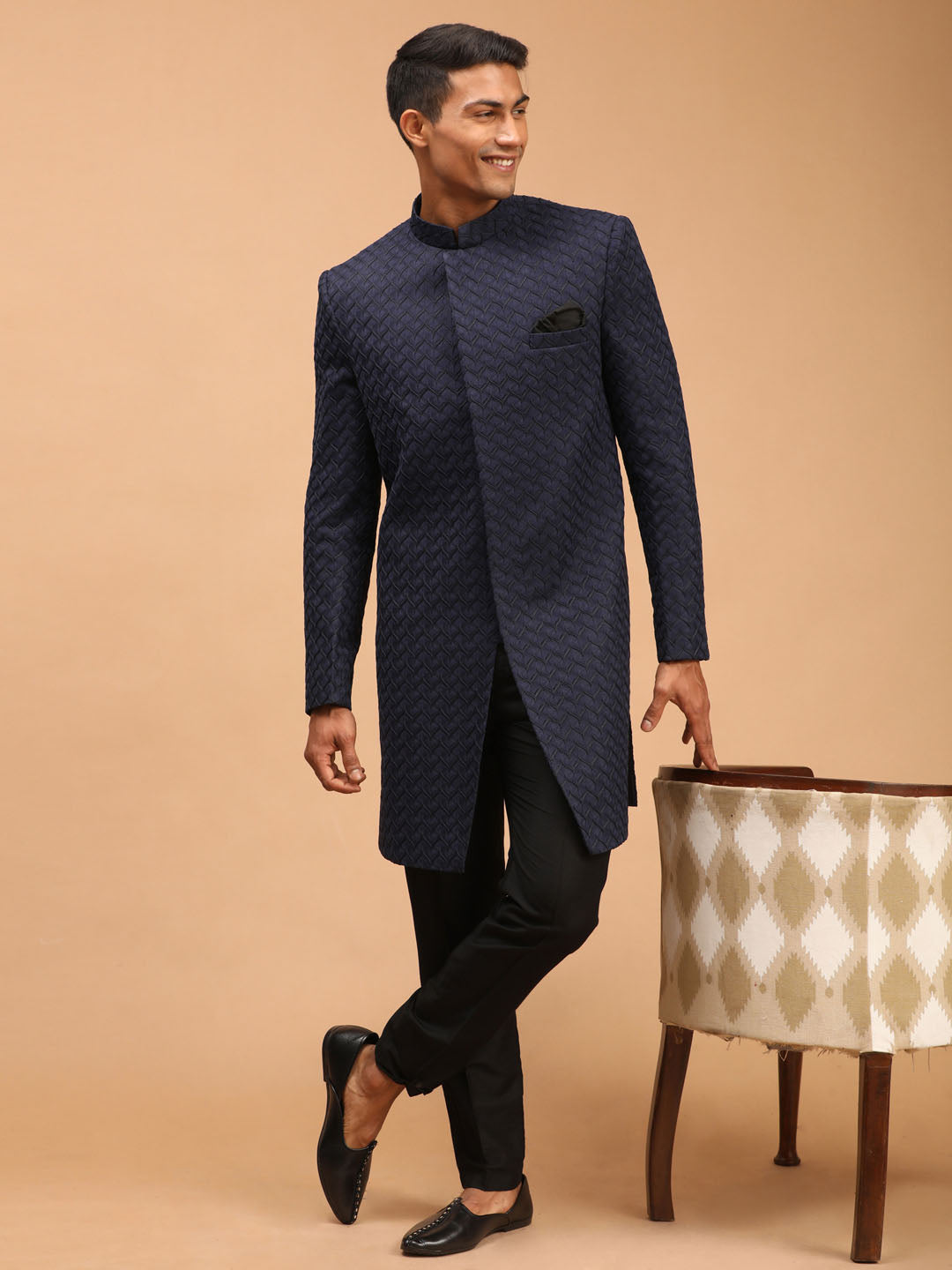 Vastramay Men's Navy Blue Imported Jacquard Self Design Sherwani Set