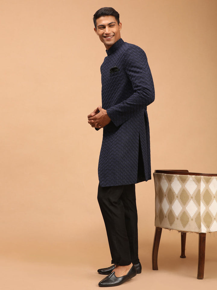 SHRESTHA By VASTRAMAY Men's Navy Blue Imported Jacquard Self Design Sherwani Set