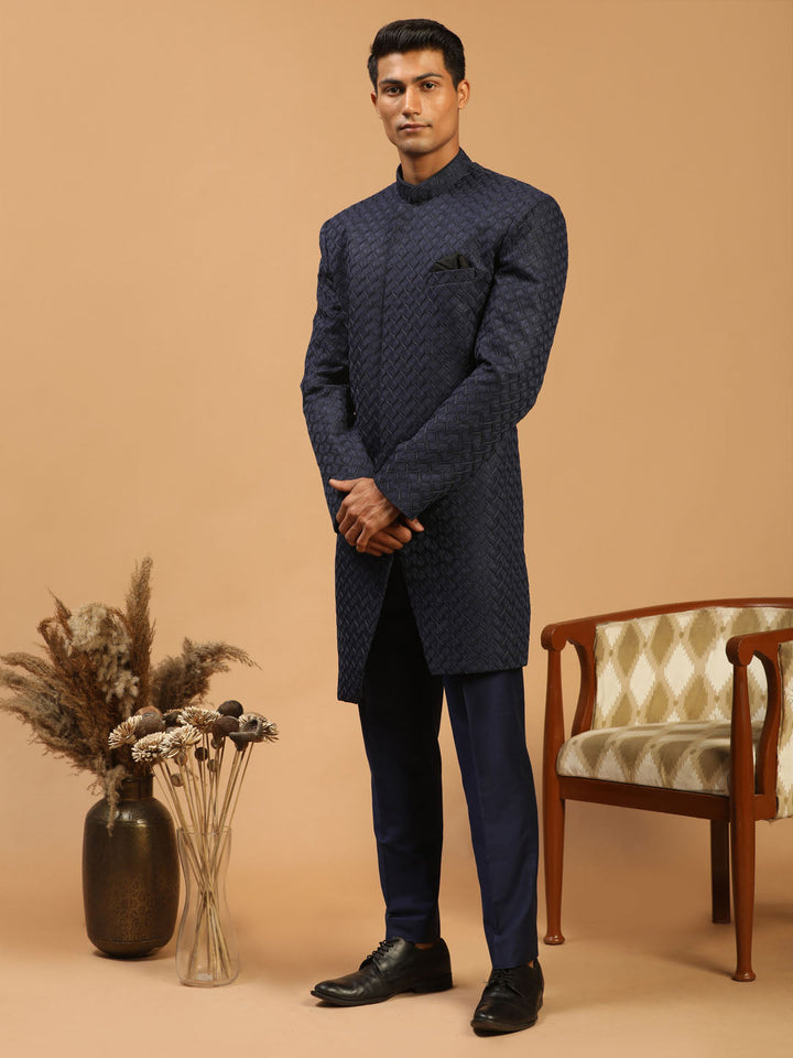 Vastramay Men's Navy Blue Jacquard Sherwani Set