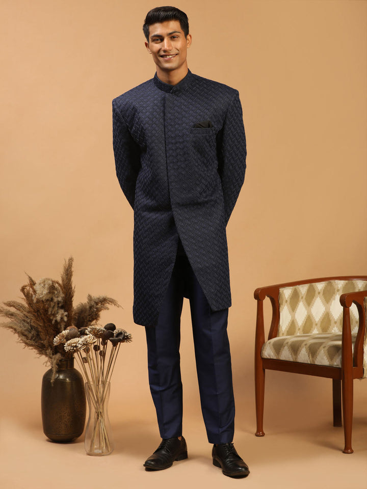 Vastramay Men's Navy Blue Jacquard Sherwani Set