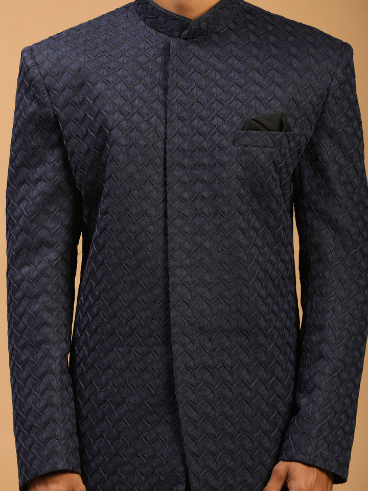 Vastramay Men's Navy Blue Jacquard Sherwani Set