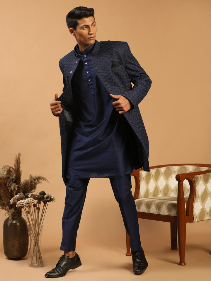 SHRESTHA By VASTRAMAY Men's Navy Blue Jacquard Sherwani And Kurta Pant Set