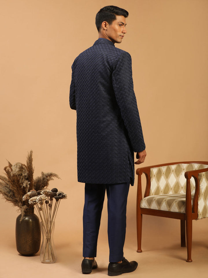 SHRESTHA By VASTRAMAY Men's Navy Blue Jacquard Sherwani And Kurta Pant Set