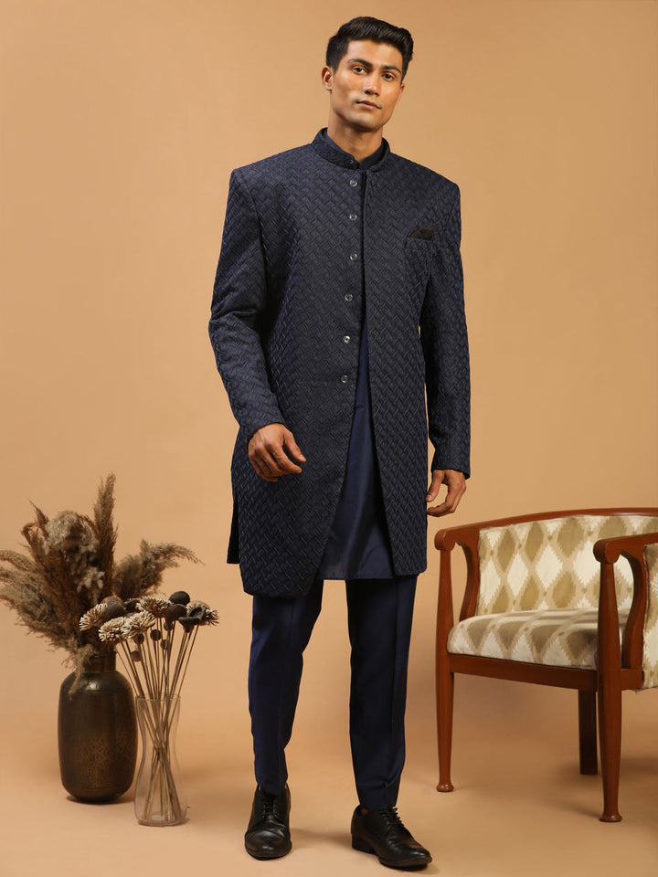 SHRESTHA By VASTRAMAY Men's Navy Blue Jacquard Sherwani And Kurta Pant Set