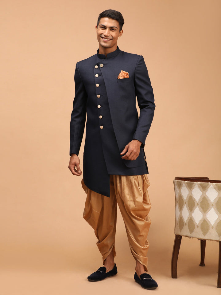 SHRESTHA By VASTRAMAY Men's Navy Blue Cotton Blend Asymmetric Angrakha Indo Western With Rose Gold Dhoti Set