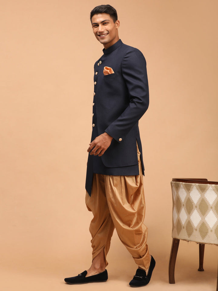 SHRESTHA By VASTRAMAY Men's Navy Blue Cotton Blend Asymmetric Angrakha Indo Western With Rose Gold Dhoti Set