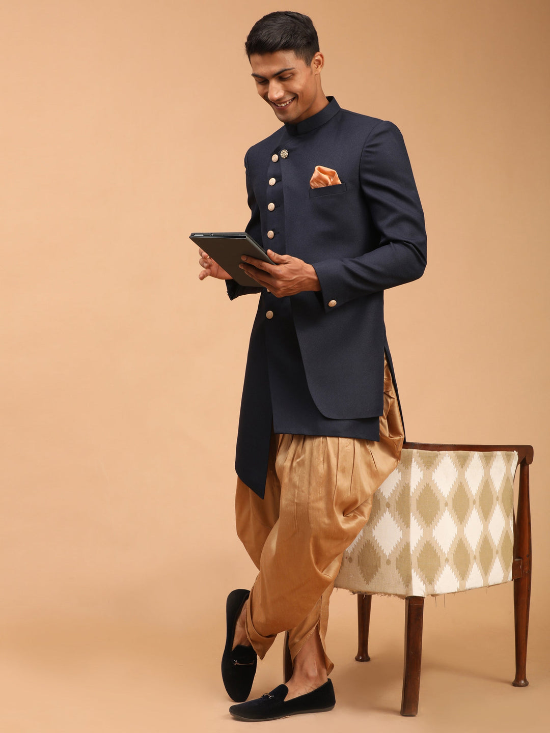 Vastramay Men's Navy Blue Cotton Blend Asymmetric Angrakha Indo Western With Rose Gold Dhoti Set