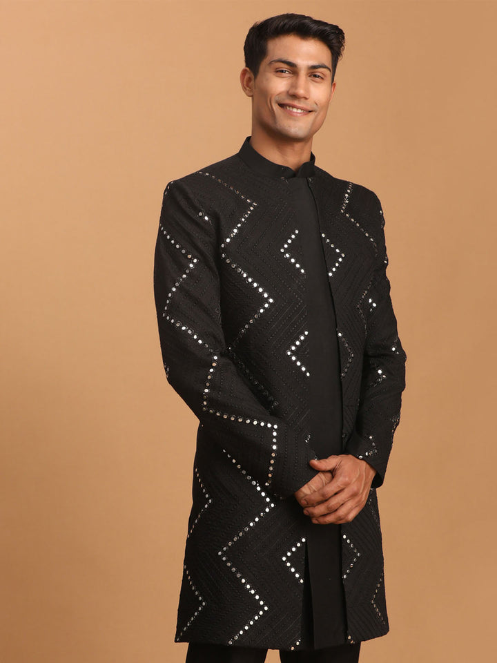 SHRESTHA By VASTRAMAY Men's Black Mirror Indo Western Sherwani Only Top