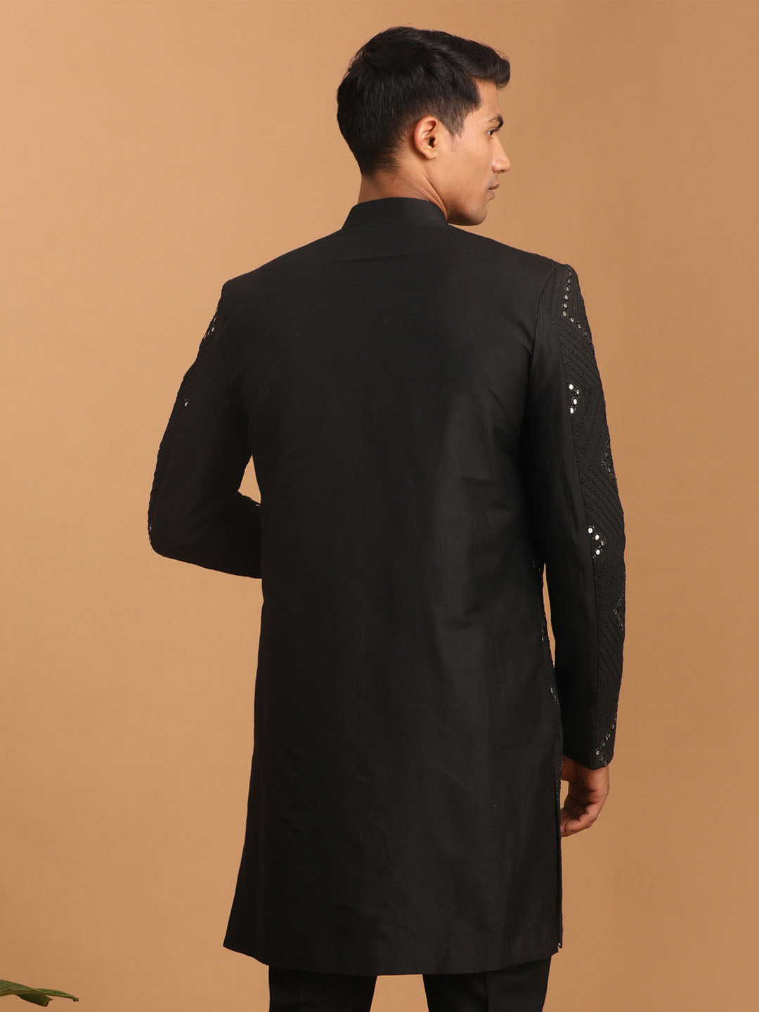 SHRESTHA By VASTRAMAY Men's Black Mirror Indo Western Sherwani Only Top