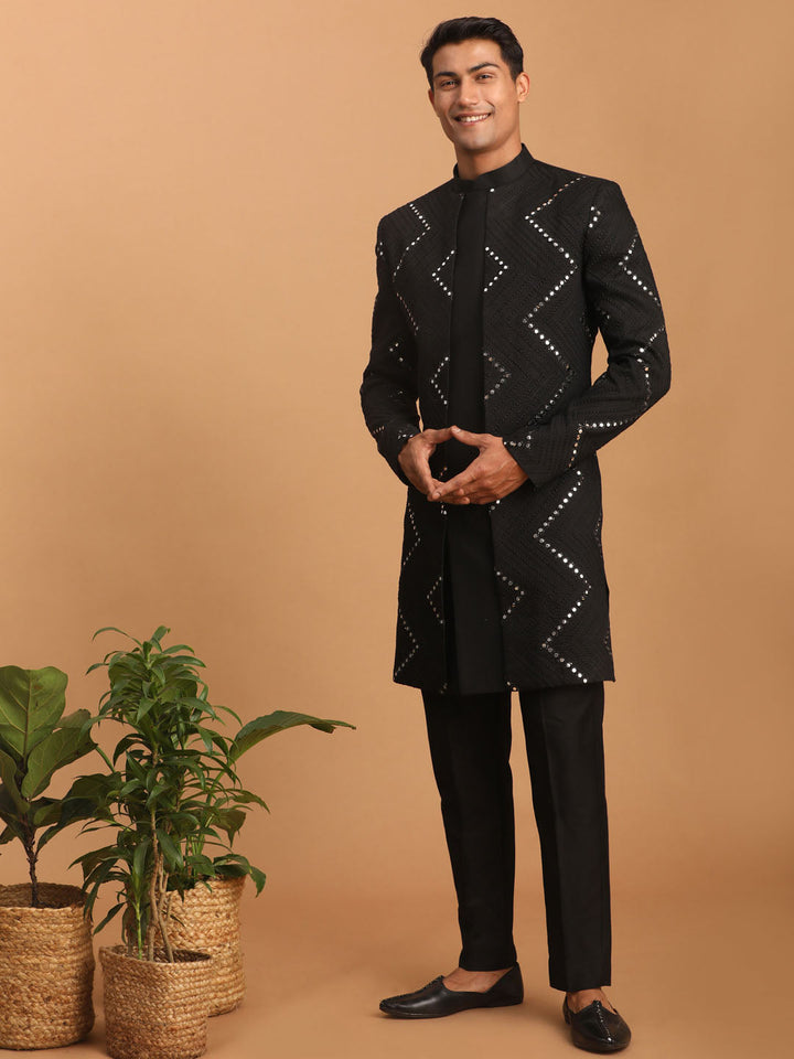 SHRESTHA By VASTRAMAY Men's Black Mirror Indo Western Sherwani Only Top