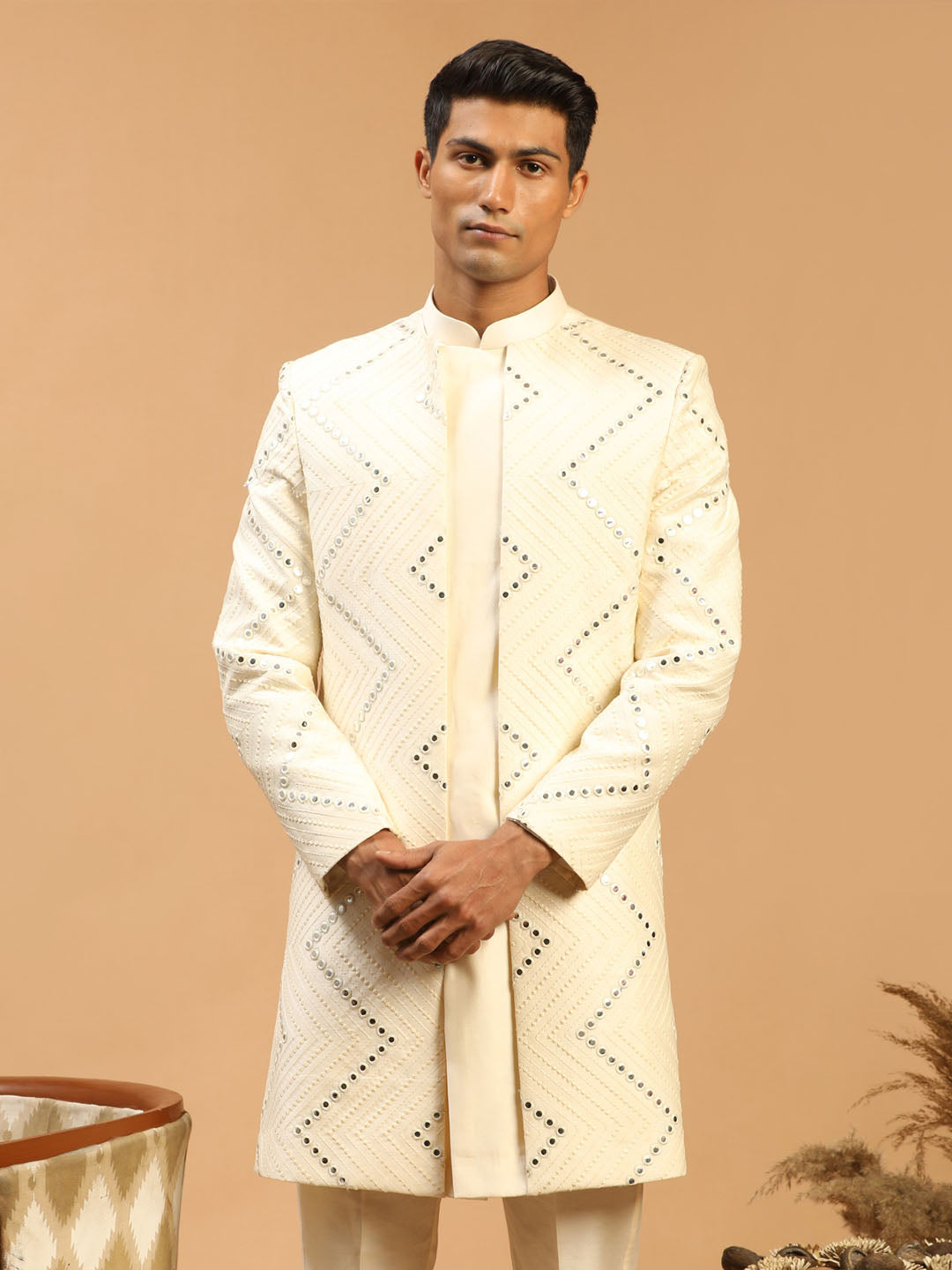 SHRESTHA By VASTRAMAY Men's Cream Mirror Indo Western Sherwani Only Top