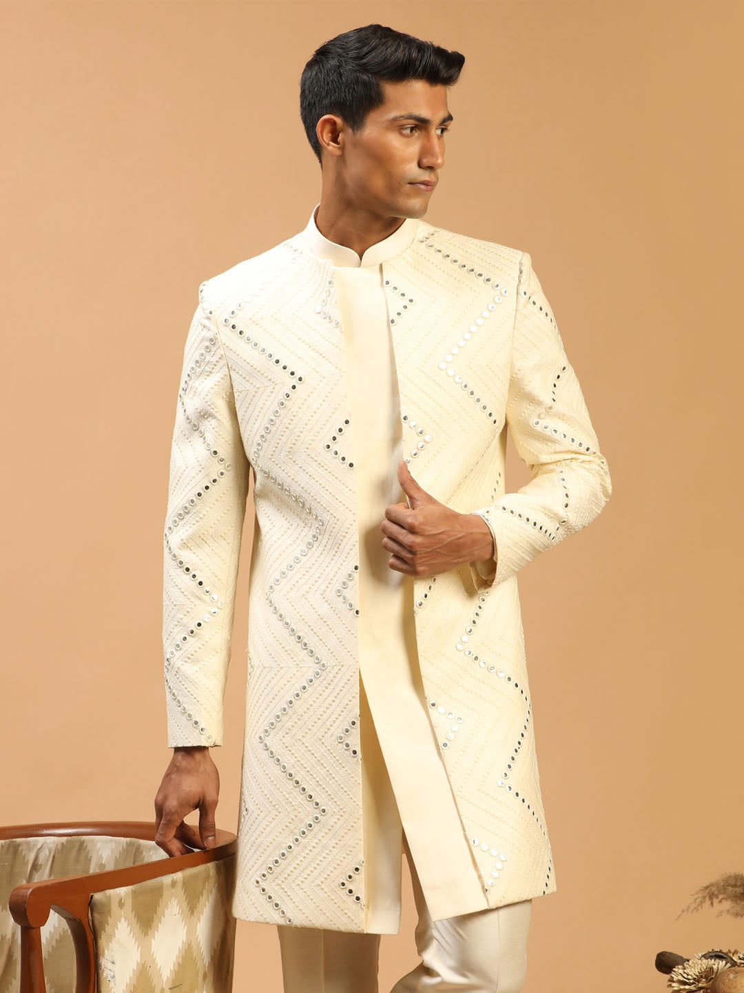 SHRESTHA By VASTRAMAY Men's Cream Mirror Indo Western Sherwani Only Top